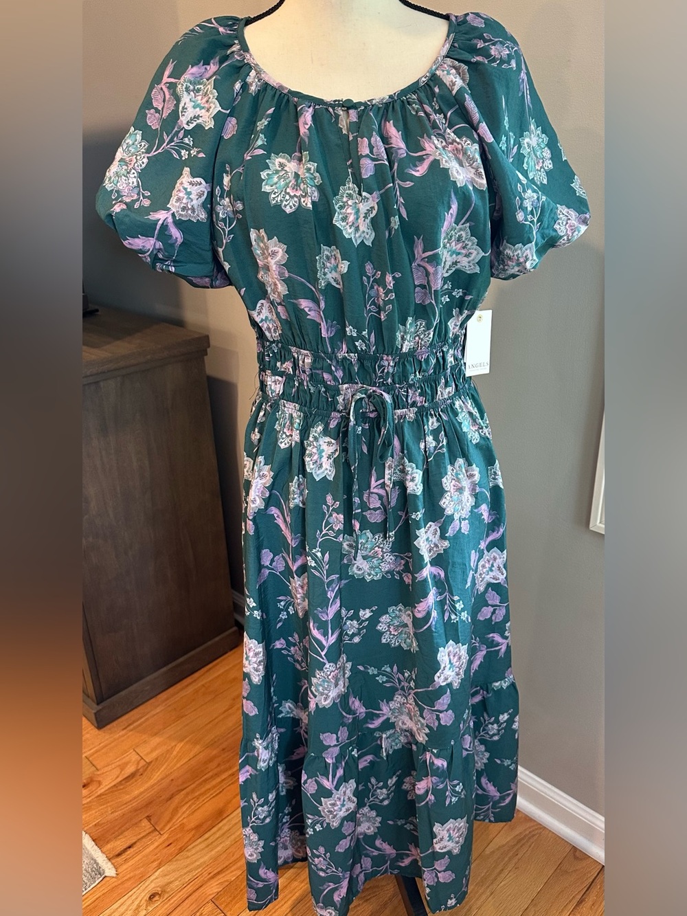 Angels Forever Young teal purple Floral Midi Dress Medium cottagecore flowy